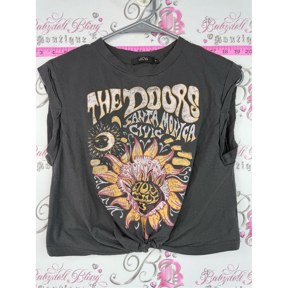 Micas top cropped tank shirt The Doors Graphic Knot-Front Tee - Black